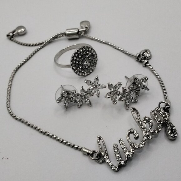 Faux Rhinestone & Silver Jewelry Set: Bracelet, Stud Earrings, Boho Dangles - Picture 2 of 3